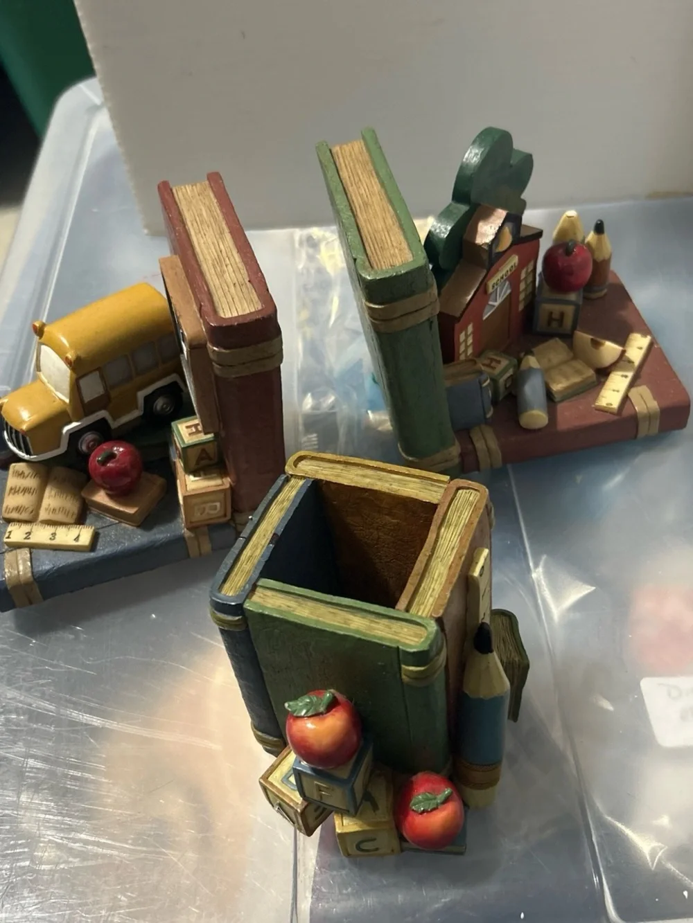 Teacher School Themed Book Ends Chalkboard Resin With Matching Pencil Holder